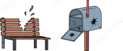 Damaged park bench and mailbox sit abandoned after a destructive event, symbolizing vandalism and neglect in a forgotten neighborhood, creating a somber mood.