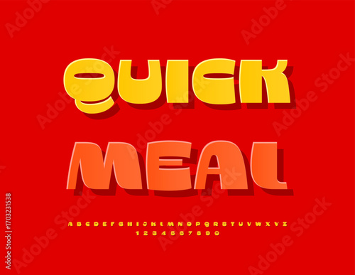 Vector Prpmo board Quick Meal. Fashion Yellow  Font. Artistic Alphabet Letters, Numbers and Symbols