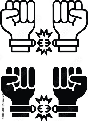 Freedom Icons. Black and White Vector Illustrations. Man in Handcuffs Breaks the Chain. Act According to Own Choice and Inner Beliefs, Independence. Concept Justice

