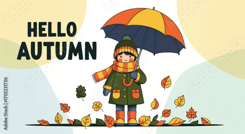 Adobe illustrator artwork vector illustration of a cute kid in autumn attire holding an umbrella, surrounded by falling leaves. Perfect for seasonal designs
