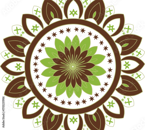 Colorful mandala with green and brown petals, starburst symmetry, leaf motifs, and decorative vector design for meditation and coloring