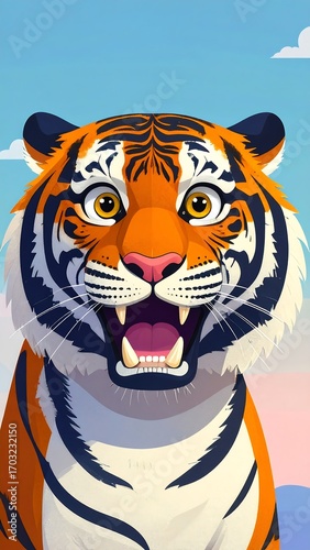 A cheerful tiger's portrait against a pastel sky