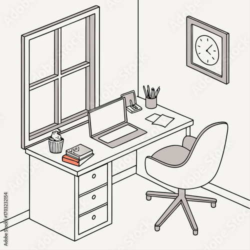 Desk with laptop, chair, and window in a room