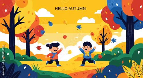 Adobe illustrator artwork vector illustration of a happy boy and girl playing in an autumn park with colorful falling leaves. Perfect for seasonal backgrounds and greeting cards