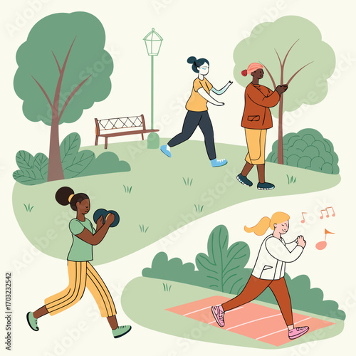 Various individuals engaged in fitness activities in a park