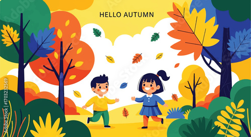Adobe illustrator artwork vector illustration of a happy boy and girl playing in an autumn park with colorful falling leaves. Perfect for seasonal backgrounds and greeting cards