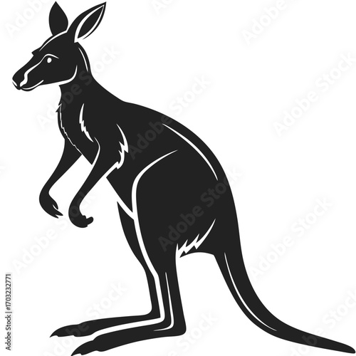 Silhouette of a kangaroo standing tall against a white backdrop.