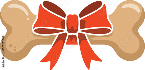 Festive dog bone with red ribbon bow celebration gift present holiday pet accessory vector hand drawn