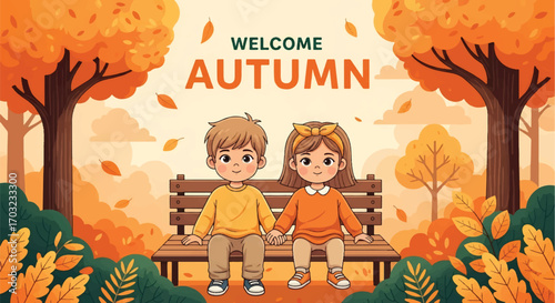 Adobe illustrator artwork vector illustration of a boy and girl sitting on a park bench under a street lamp in the autumn season. Great for backgrounds and seasonal designs