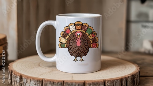 Turkey-themed mug on rustic wooden surface in cozy kitchen setting
