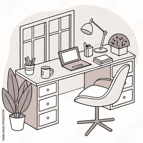 Home office desk with laptop, chair, and plant