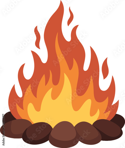 Vibrant campfire illustration warm flames flickering over glowing embers outdoors adventure vector hand drawn
