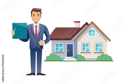 Real estate agent holding a tablet in front of a house