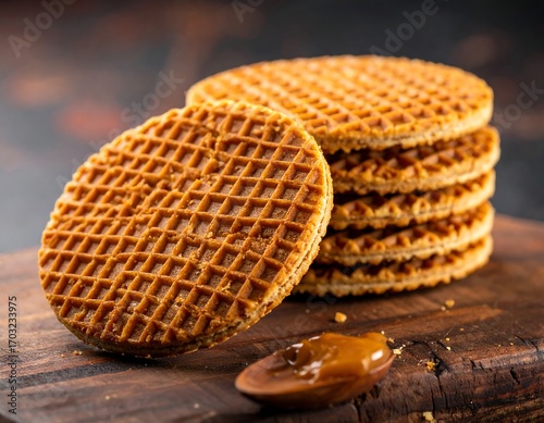 Stacked caramel waffles on wooden board