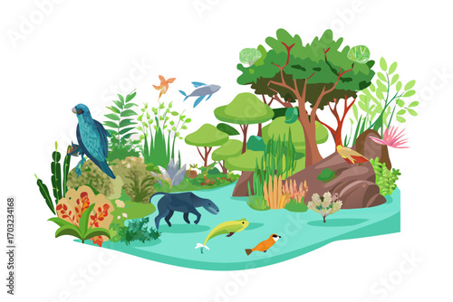 Colorful cartoon depiction of a lush natural environment with diverse flora and fauna, including birds, fish, and mammals