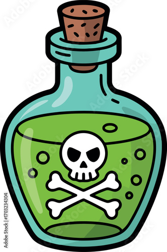 Cartoon poison potion bottle skull crossbones dangerous liquid halloween magic elixir danger symbol vector hand drawn