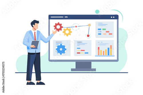Man presenting business strategy and data analysis on a large computer screen with charts and gears