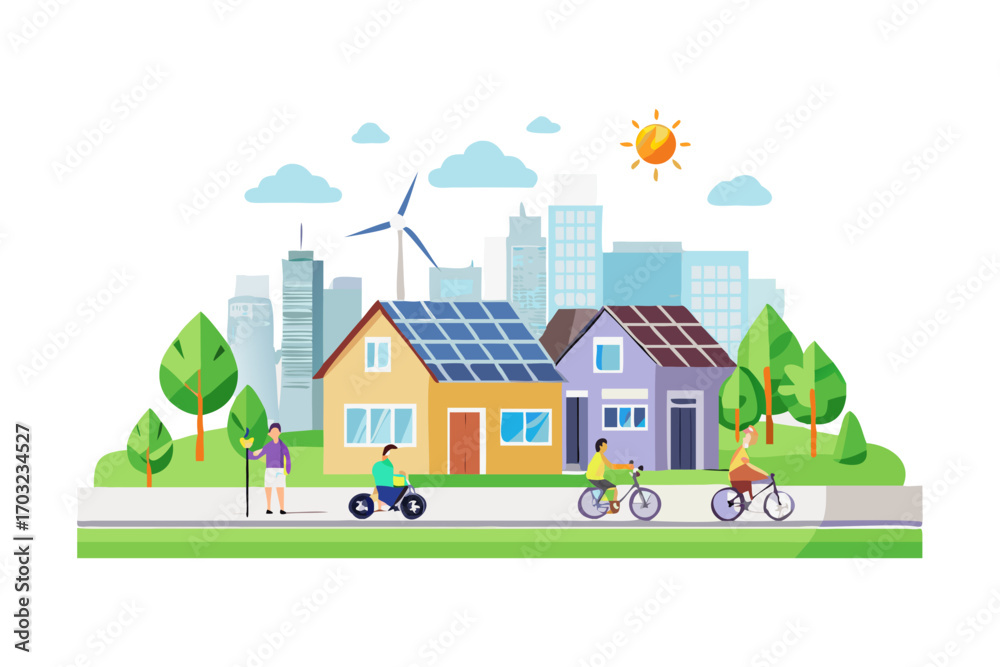 Fototapeta premium Ecofriendly neighborhood with solar panels on houses, wind turbine, and people cycling and riding scooters
