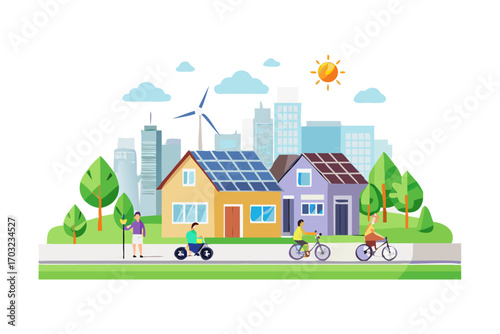 Ecofriendly neighborhood with solar panels on houses, wind turbine, and people cycling and riding scooters