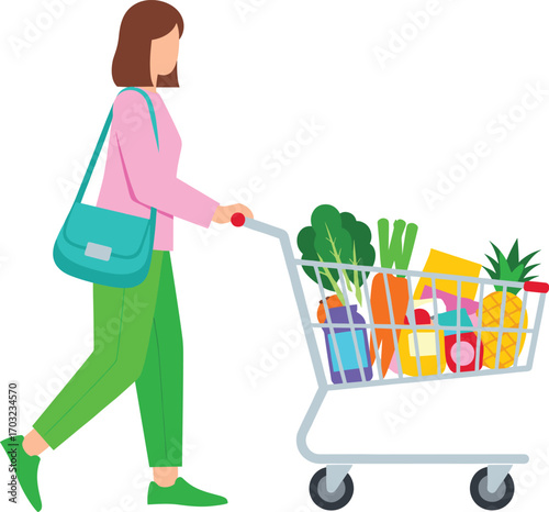 Grocery shopping scene with person pushing cart full of fresh produce, packaged goods, and everyday items in vector illustration