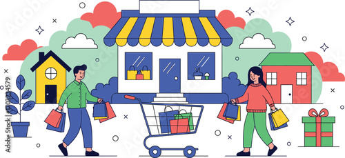 Colorful shopping scene with store, cart, gift boxes, and people holding bags for festive retail and consumer activity vector content