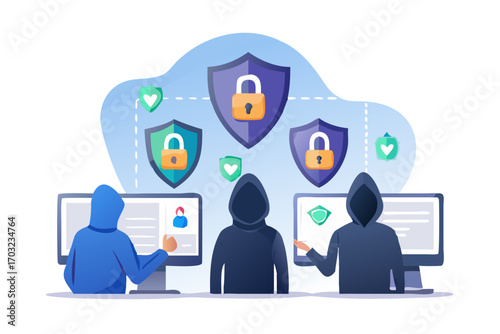 Cybersecurity concept with hackers in hoodies accessing data and protected by shields with locks