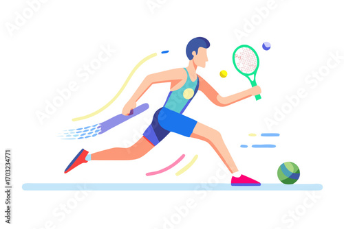 Tennis player running with racket and ball, dynamic illustration with abstract colorful lines and shapes