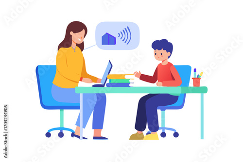 Woman and boy at a desk with a laptop and books, woman is teaching