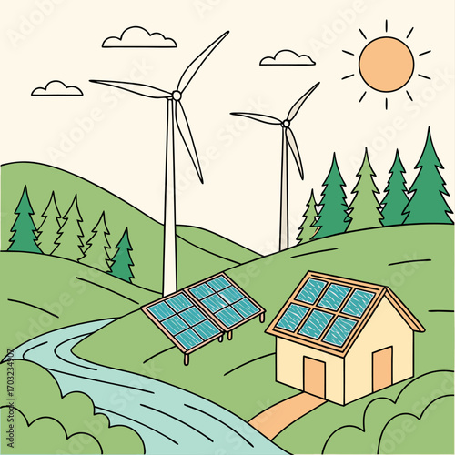 Renewable energy landscape with wind turbines and solar panels