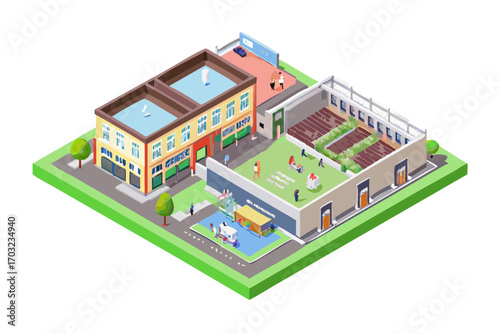 Isometric view of a school building with a rooftop garden and outdoor classroom