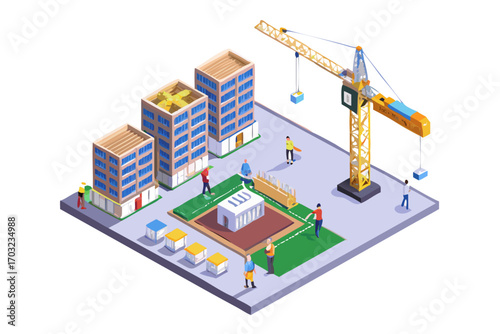 Construction site with crane, multiple buildings, and workers on site