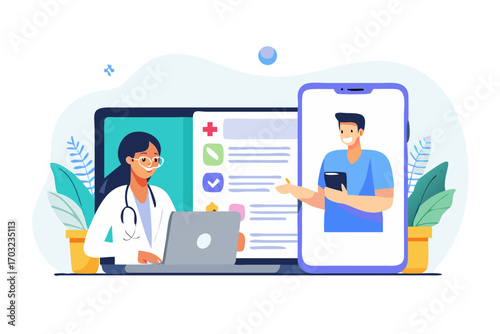 Doctor consulting patient online via video call on laptop and smartphone, telemedicine concept