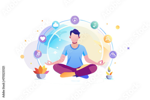 Man meditating in lotus position surrounded by digital icons representing wellness and technology, mental health concept