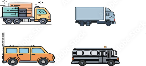 Various transportation vehicles including trucks, a van, and a bus are displayed against a white background, showcasing different modes of transport and travel.