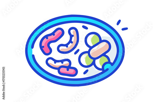 Closeup of a petri dish containing various colorful bacteria and microorganisms