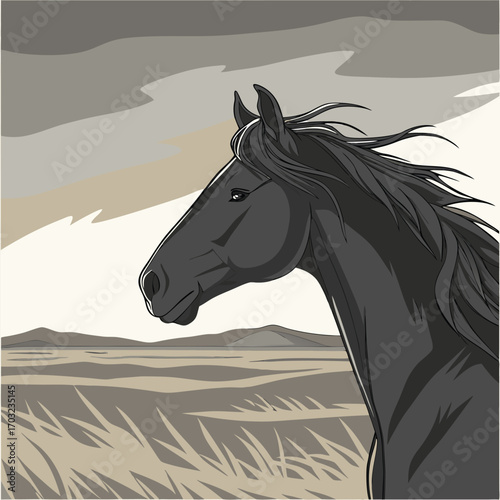 Majestic black horse with flowing mane.