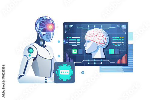 Robot with glowing eye interacting with a digital screen displaying a human brain and data, symbolizing artificial intelligence and neuroscience