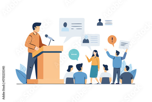 Speaker at podium addressing audience with speech bubbles and icons, concept of communication and presentation