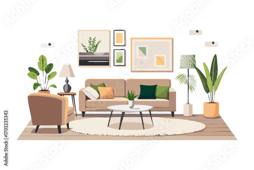 Cozy living room interior with modern furniture, plants, and artwork