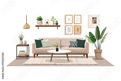 Cozy living room interior with a sofa, coffee table, rug, plants, and framed art on the wall, creating a comfortable and modern home atmosphere