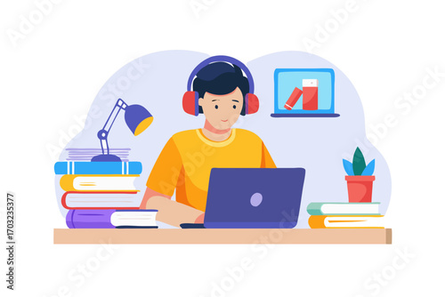 Young student wearing headphones studying online on a laptop surrounded by books, with a desk lamp and a potted plant