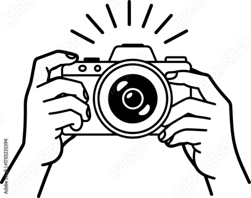 Capturing moments creative photography concept hands holding camera flashes photography art vector hand drawn