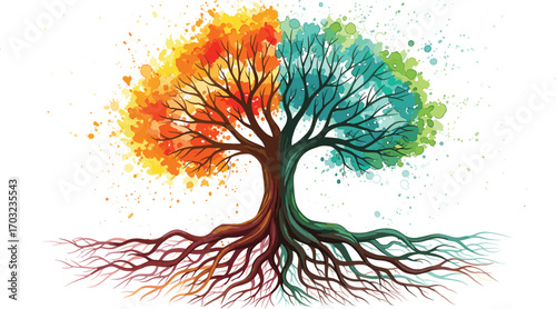 Split-Color Tree with Watercolor Canopy and Mirrored Roots Symbolizing Seasonal Duality, Balance, Nature Contrast, Artistic Expression, and Harmony
