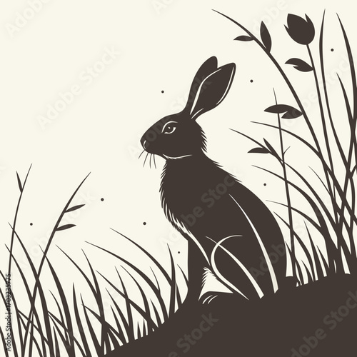 Silhouette of a Hare Sitting in Tall Grass.