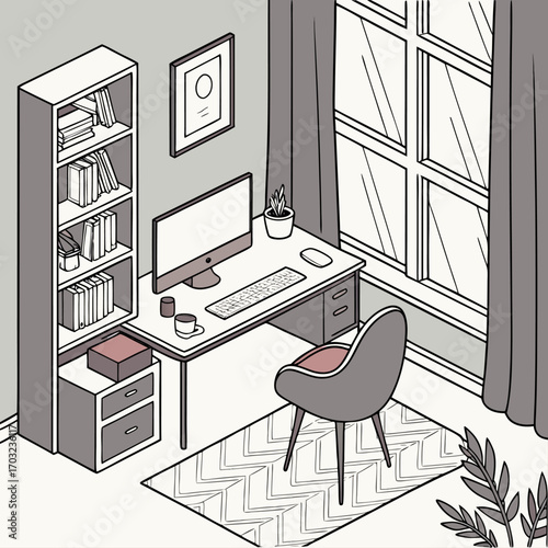 Isometric view of a modern home office desk setup