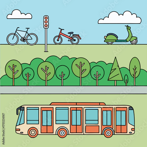 Various modes of transportation in a cityscape