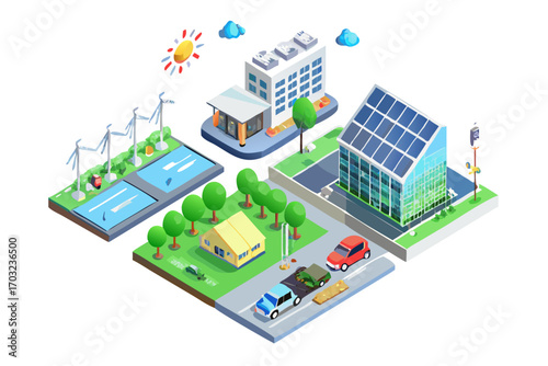 Isometric illustration of a smart city with renewable energy sources like solar panels and wind turbines