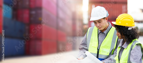 Container yard workers inspecting cargo containers together