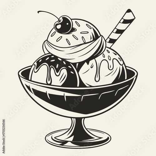Delicious Ice Cream Sundae with Cherry and Wafer.