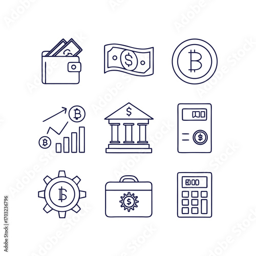 Financial Icons: A collection of financial icons depicting money, digital currency, bank, and business elements. Designed in a clean, minimalist style, each icon tells a story of commerce, finance.